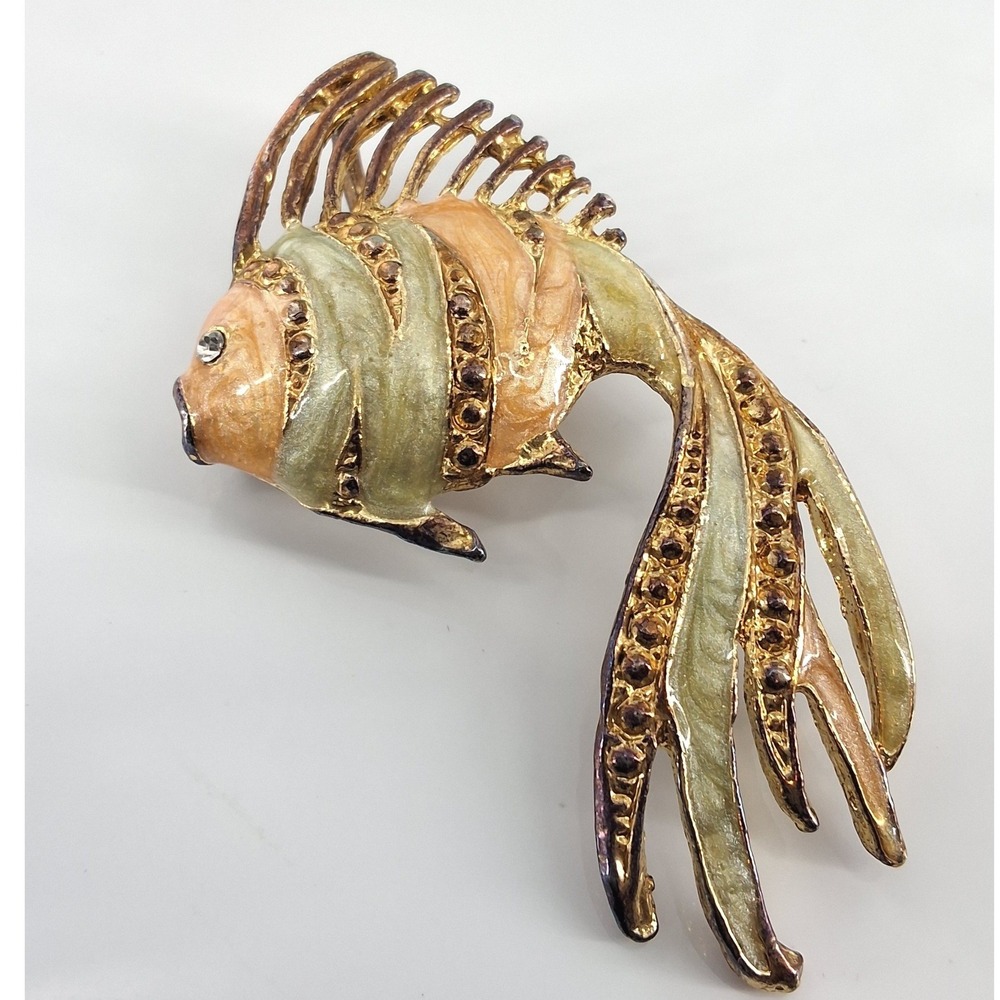 Vintage Gold Tone Enamel Rhinestone Goldfish Brooch‎ Pendant Fish